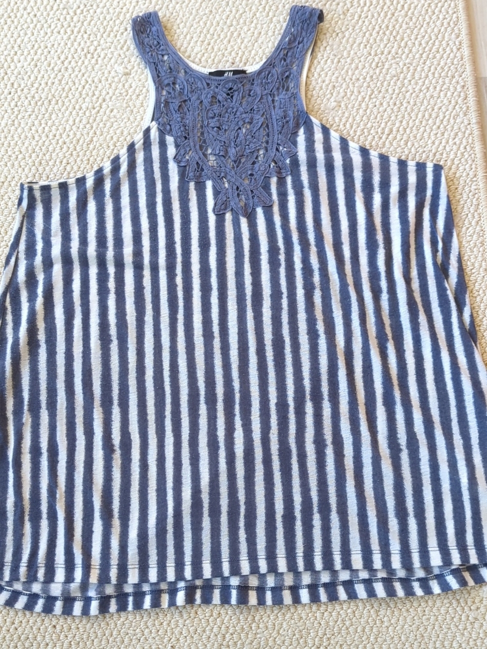 H&M Navy and White Striped Lace-Yoke Tank